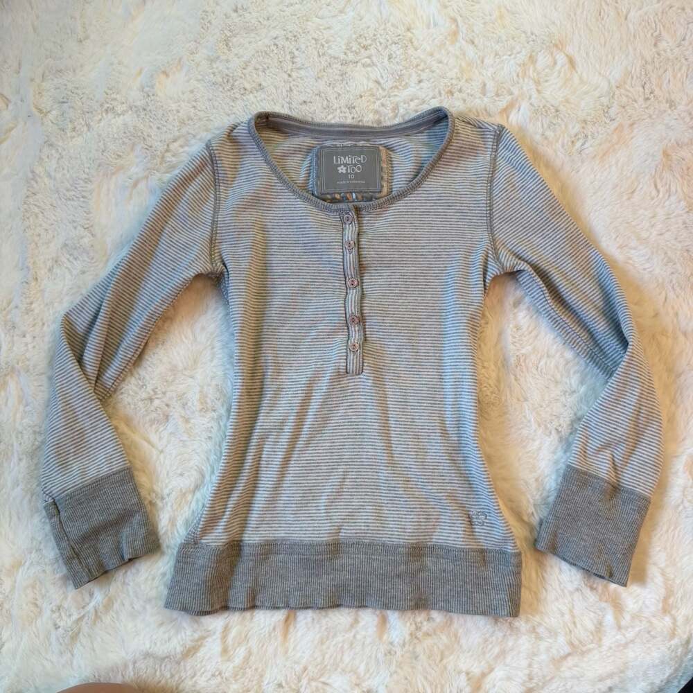 Limited Too Girls Grey Striped Button Front Henley Long Sleeve Top Size 10